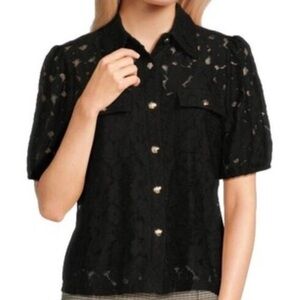 Saks Fifth Avenue Black Lace Button-Up Blouse
